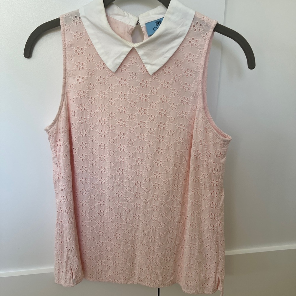 CeCe Pink Sleeveless Eyelet Lace Blouse with White Peter Pan Collar